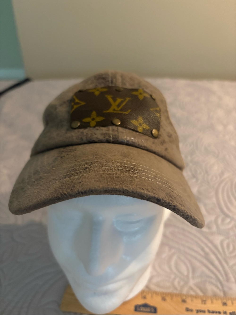 Upcycled Distressed Cap With Riveted LV Patch